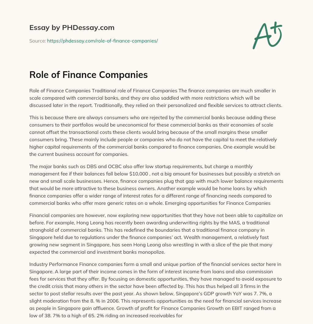 Role of Finance Companies essay