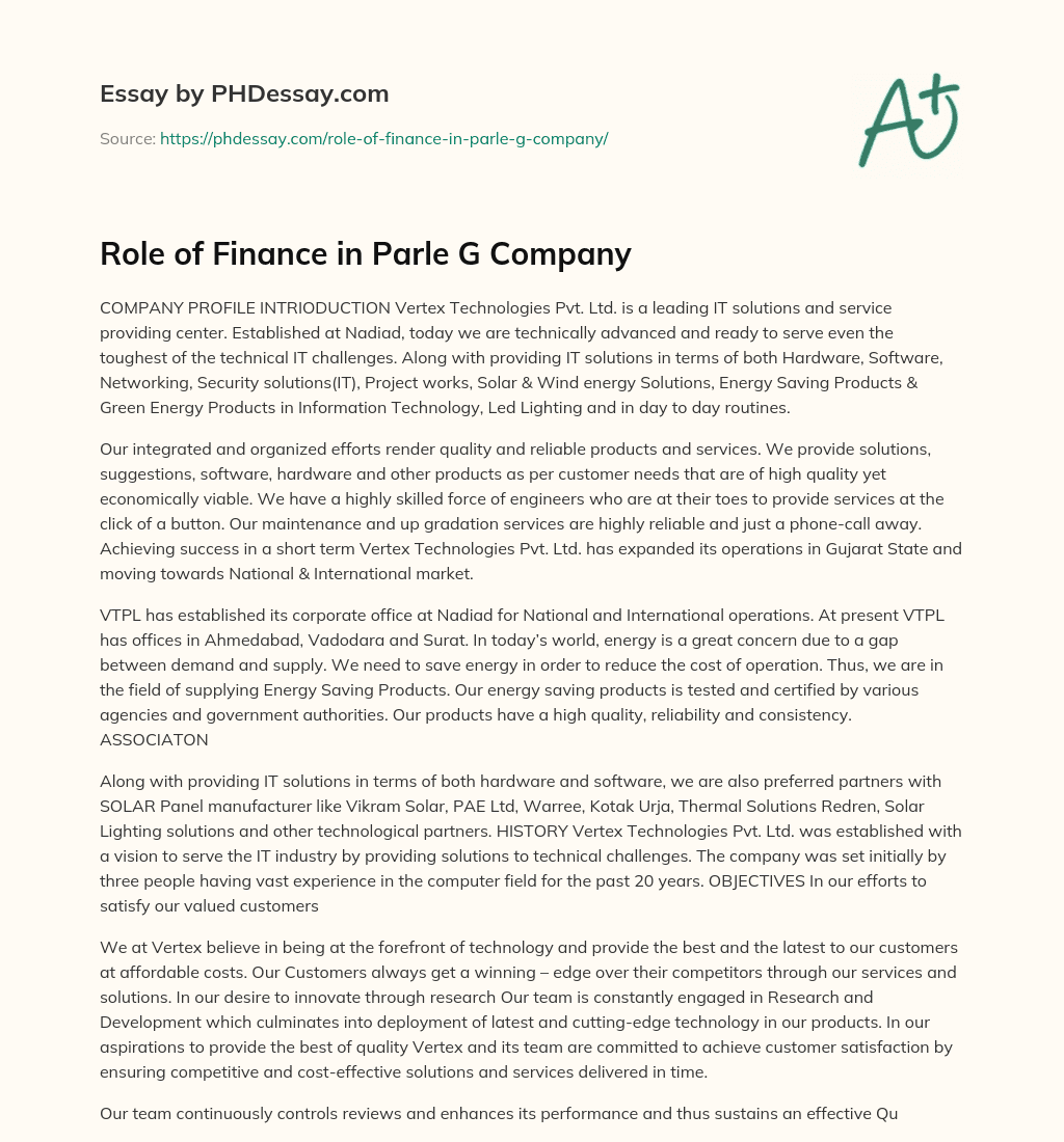 Role of Finance in Parle G Company essay
