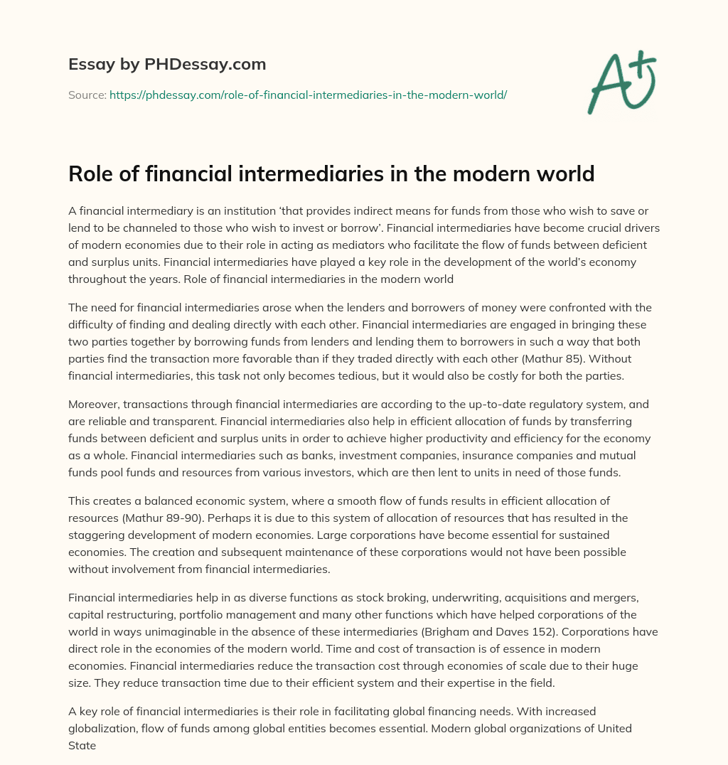 Role of financial intermediaries in the modern world essay