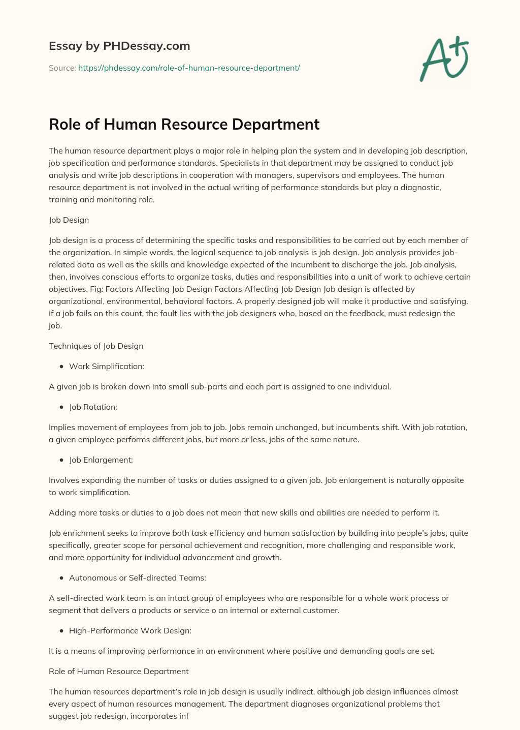 role of human resource department essay