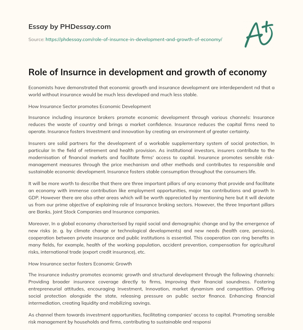 Role of Insurnce in development and growth of economy essay