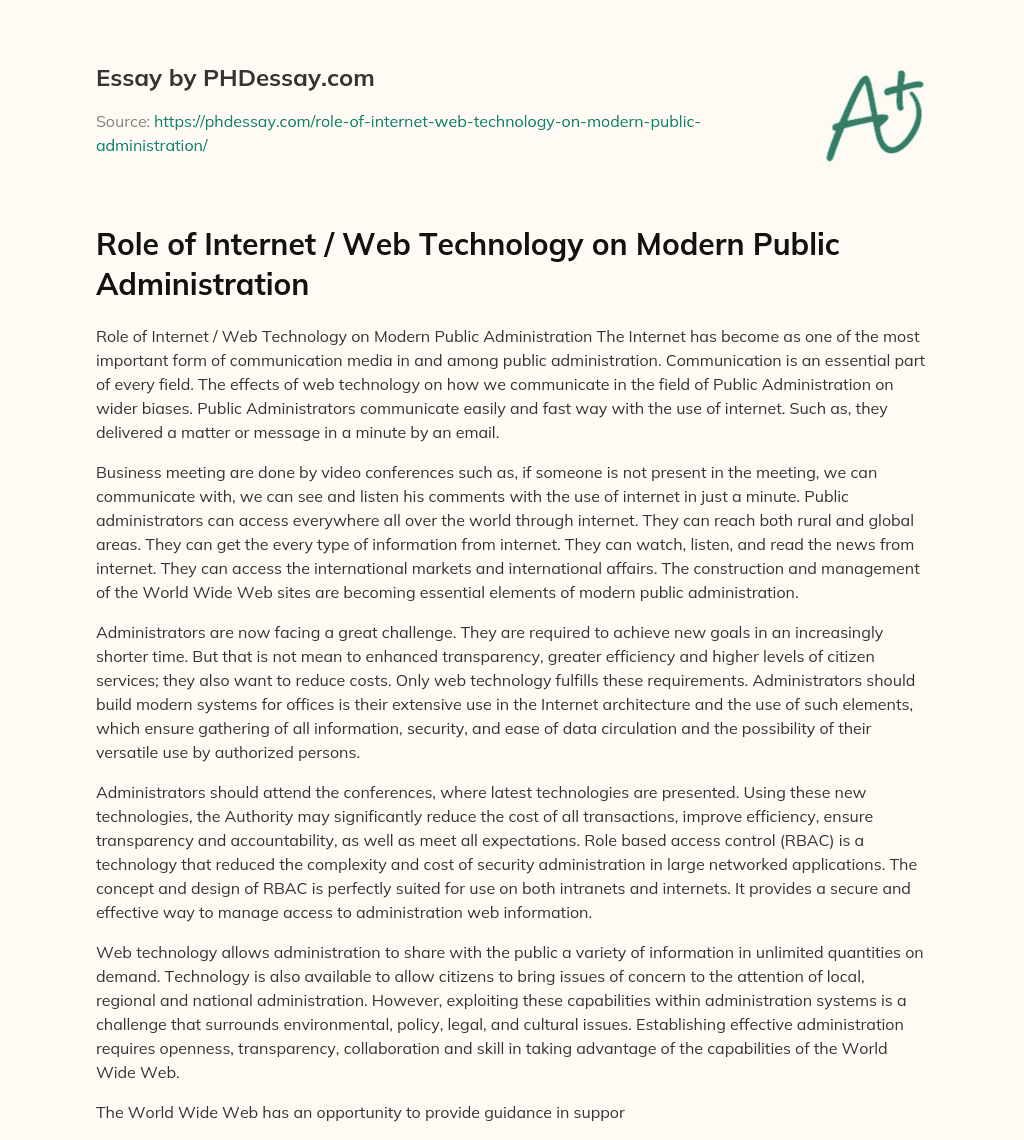 Role of Internet / Web Technology on Modern Public Administration essay