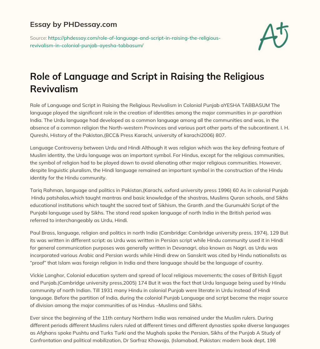 Role of Language and Script in Raising the Religious Revivalism essay