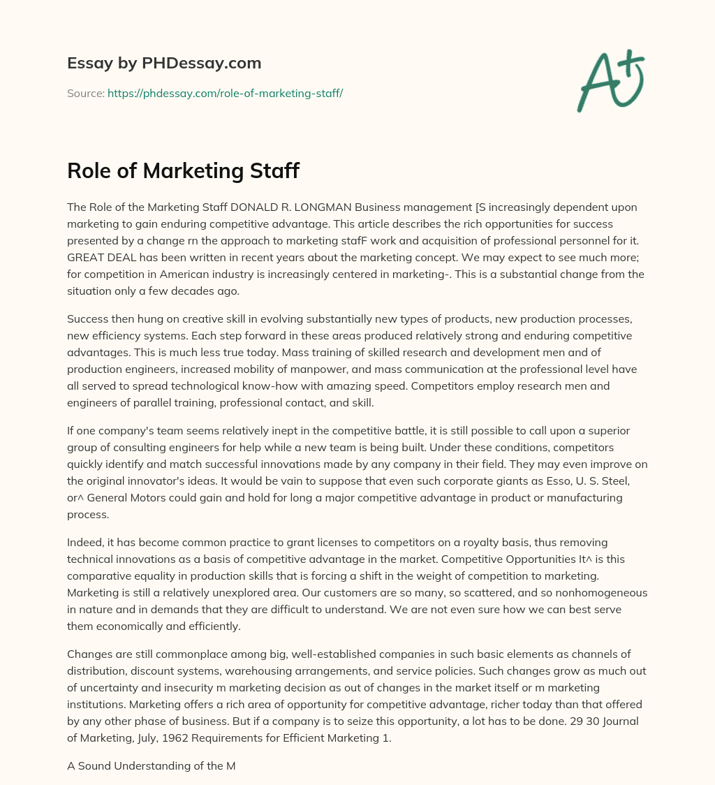 Role of Marketing Staff essay