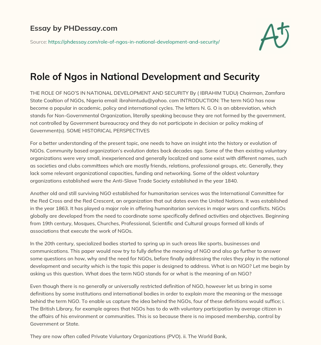Role of NGOs in National Development and Security essay