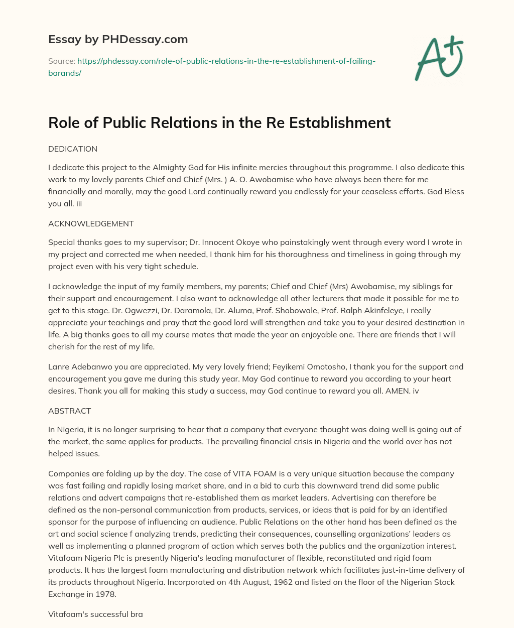 Role of Public Relations in the Re Establishment essay