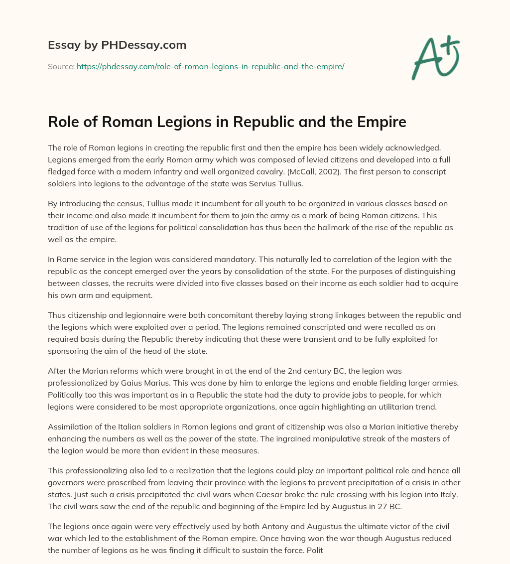 Role of Roman Legions in Republic and the Empire essay