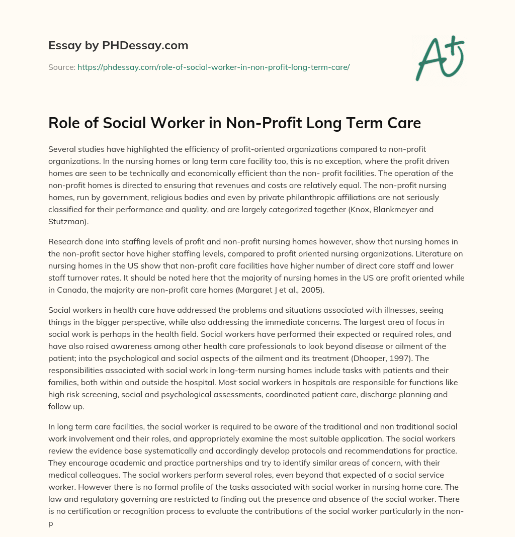 Role of Social Worker in Non-Profit Long Term Care essay