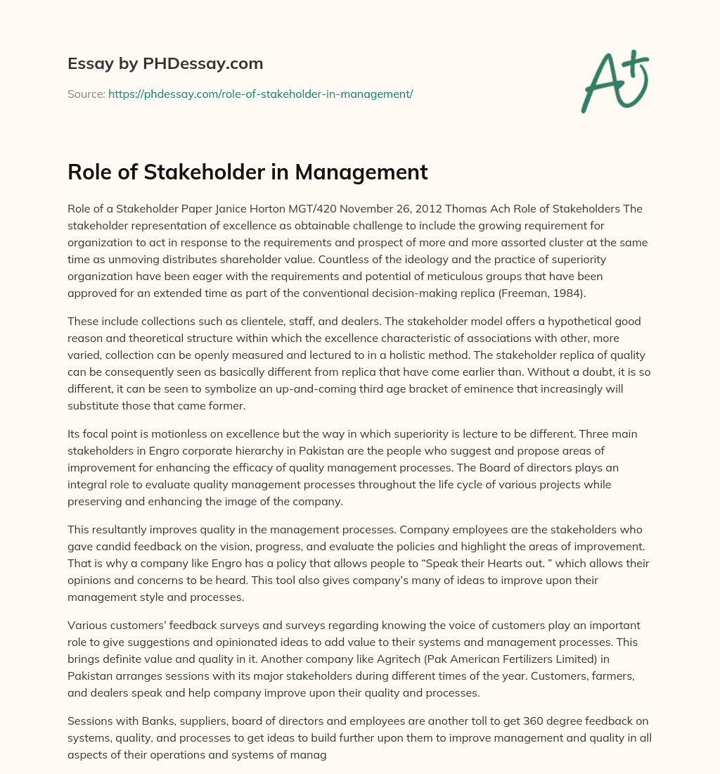 Role of Stakeholder in Management essay