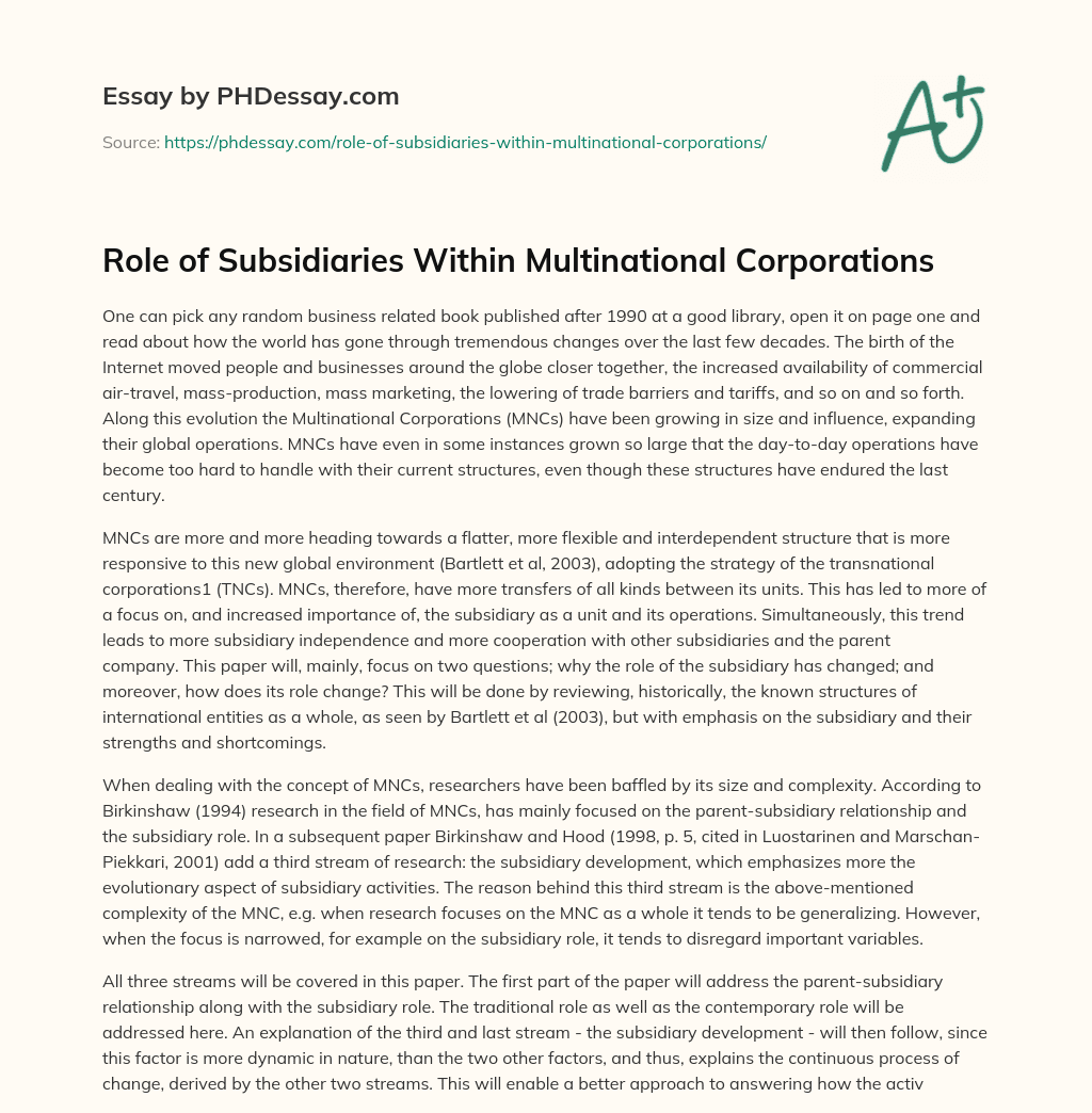 Role of Subsidiaries Within Multinational Corporations essay
