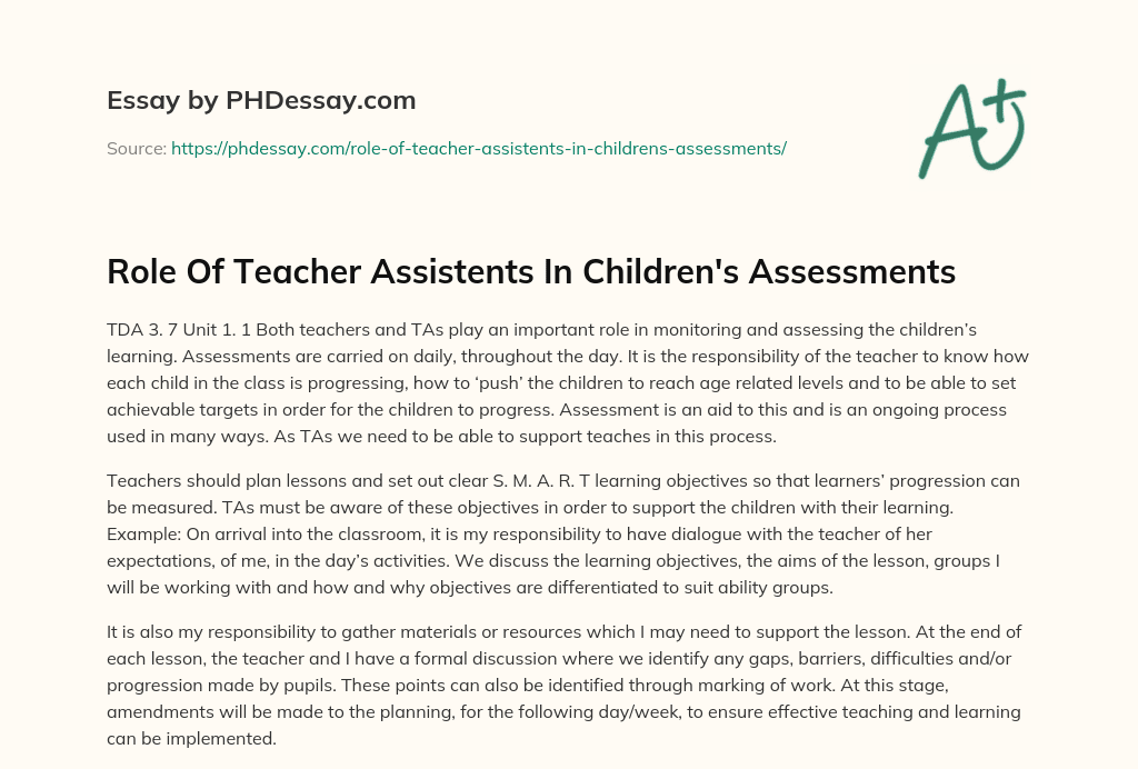 Role Of Teacher Assistents In Children’s Assessments essay