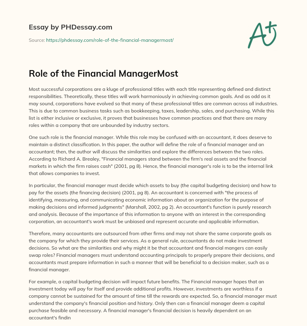 Role of the Financial ManagerMost essay