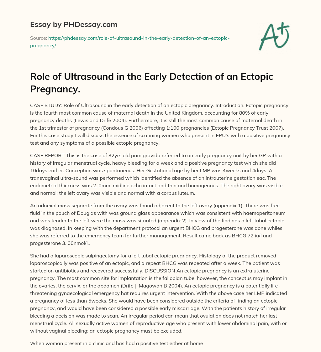 Role of Ultrasound in the Early Detection of an Ectopic Pregnancy. essay