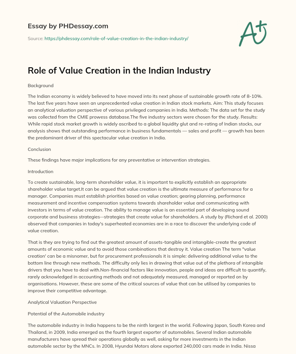 Role of Value Creation in the Indian Industry essay