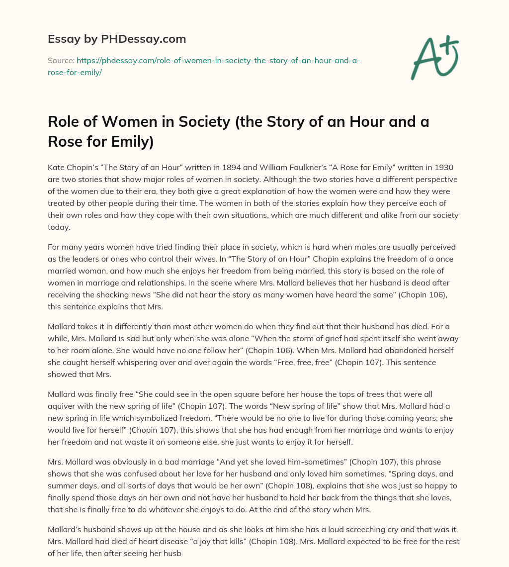 Role of Women in Society (the Story of an Hour and a Rose for Emily) essay