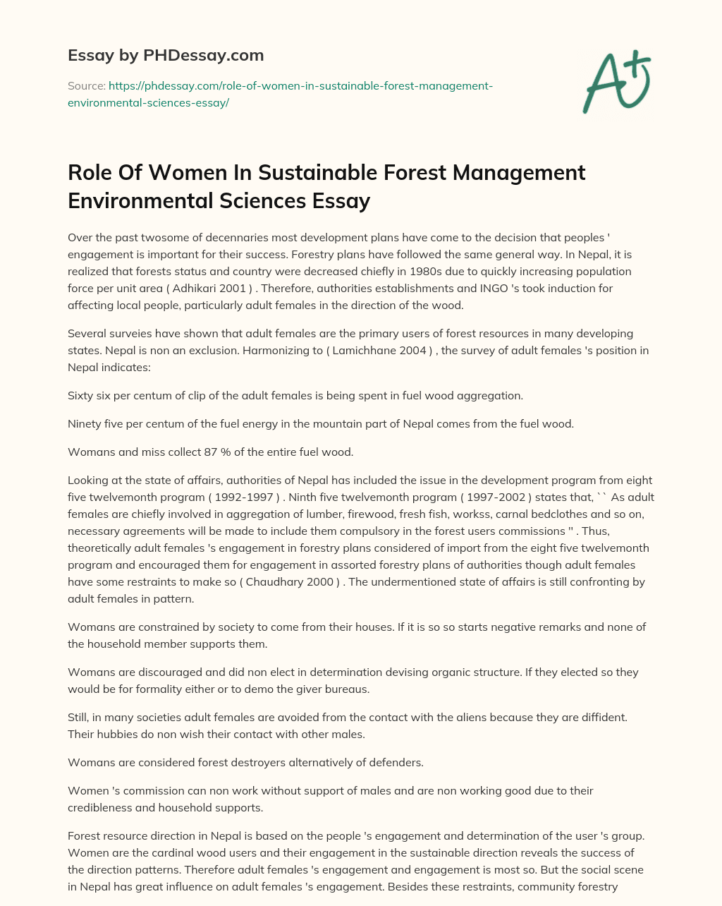 Role Of Women In Sustainable Forest Management Environmental Sciences Essay essay
