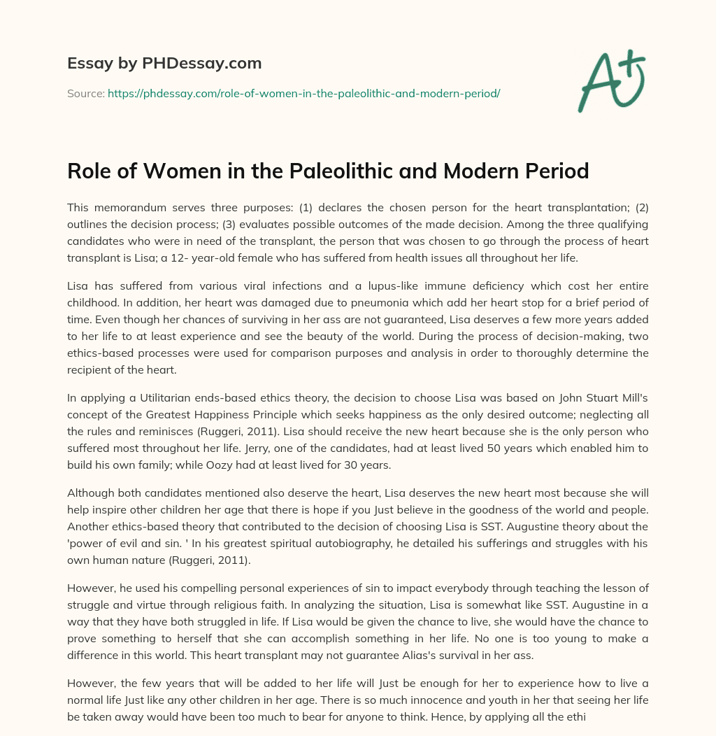 Role of Women in the Paleolithic and Modern Period (600 Words