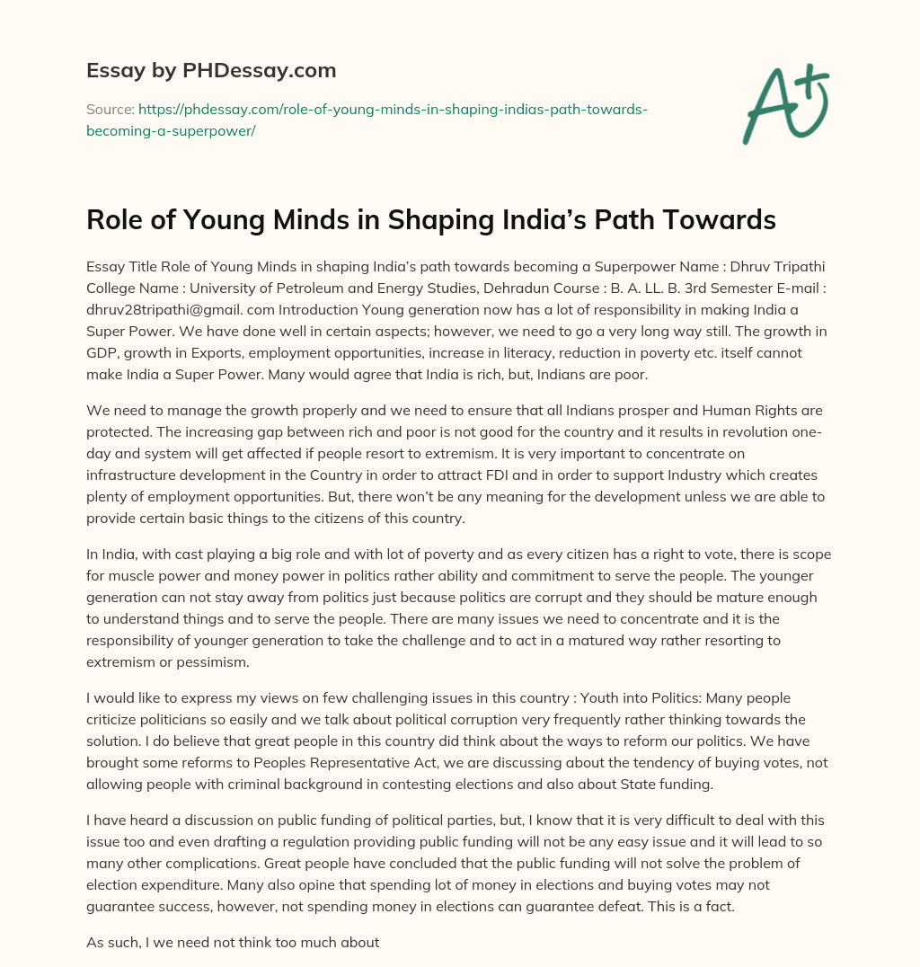 Role of Young Minds in Shaping India’s Path Towards essay