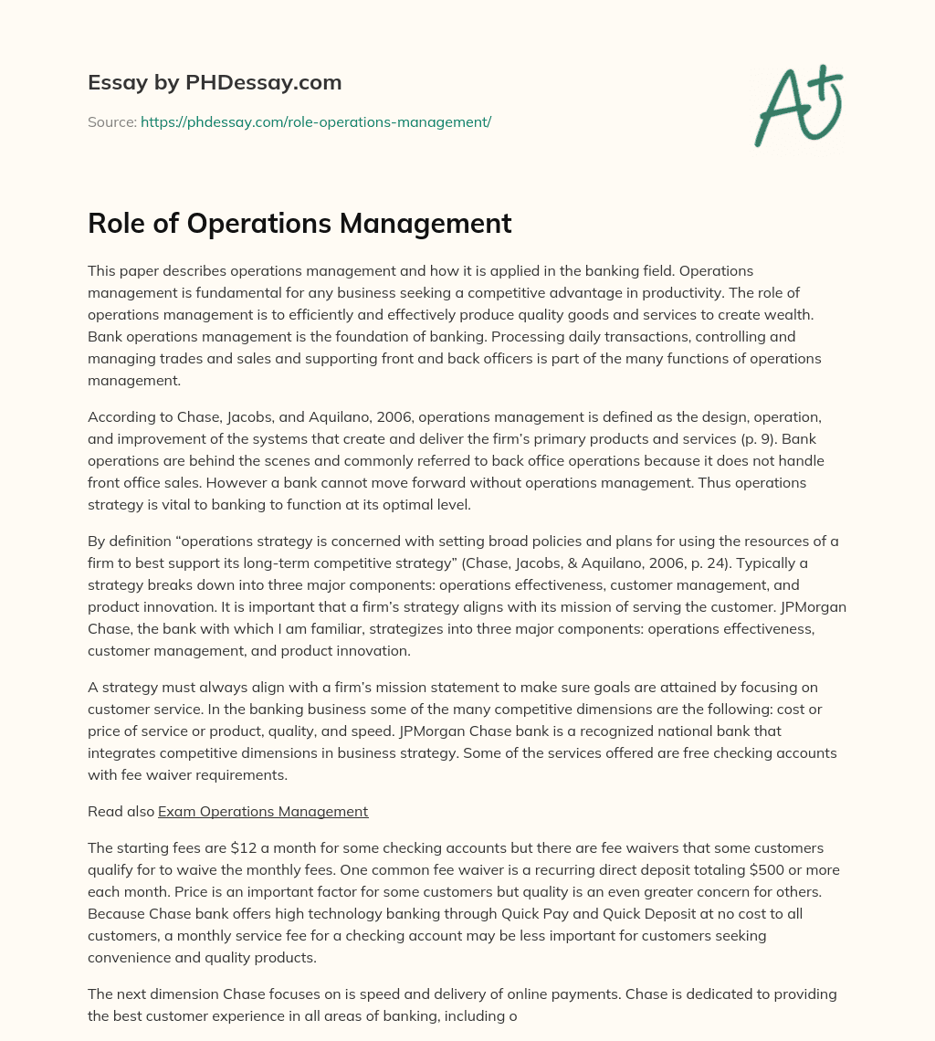 Role of Operations Management (600 Words) - PHDessay.com