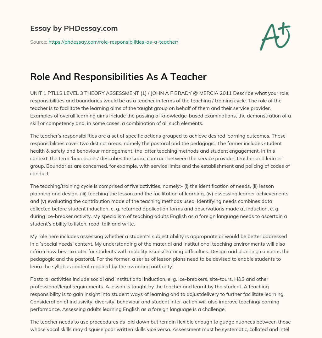 Role And Responsibilities As A Teacher essay