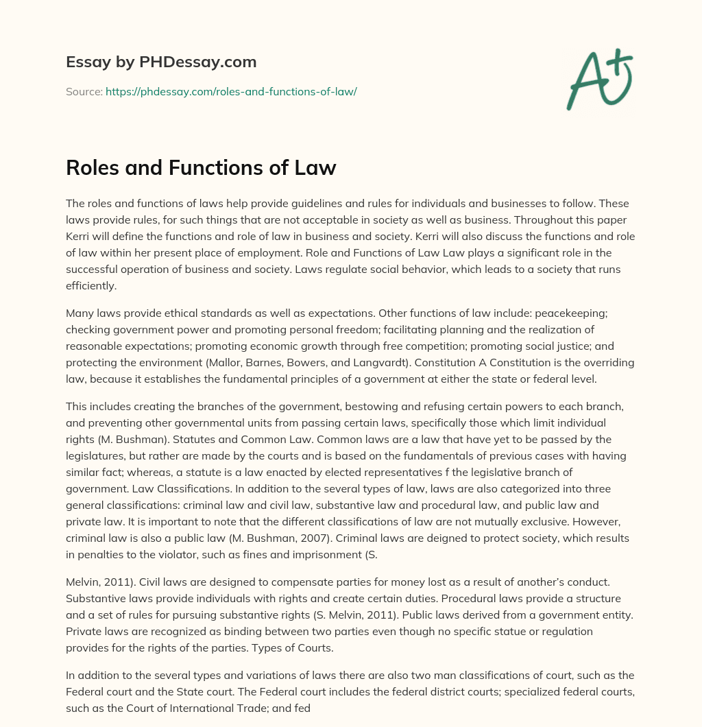 Roles and Functions of Law essay