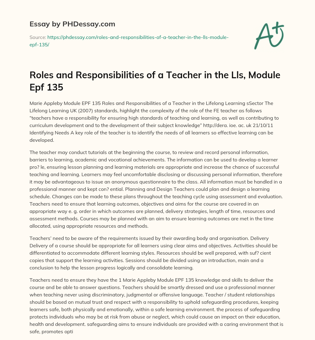 Roles and Responsibilities of a Teacher in the Lls, Module Epf 135 essay