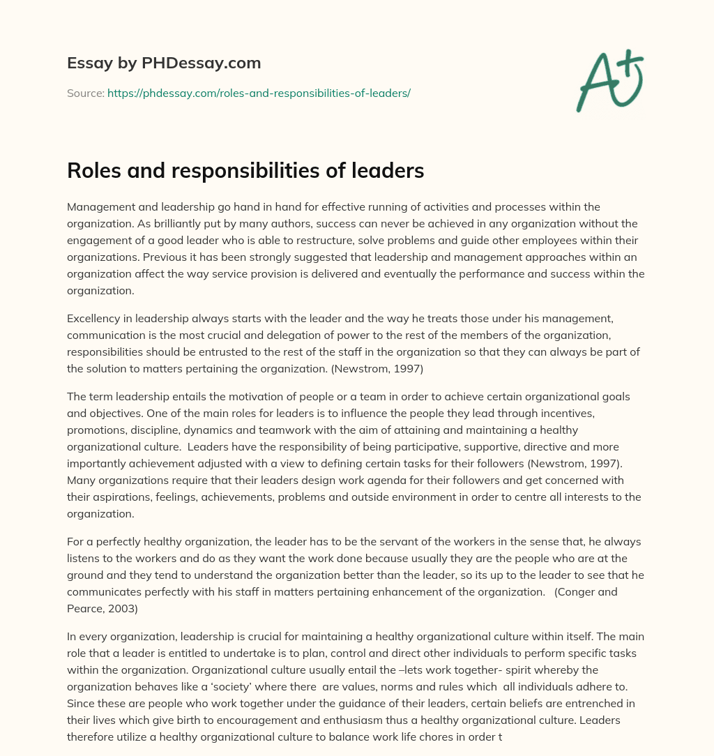 Roles and responsibilities of leaders essay