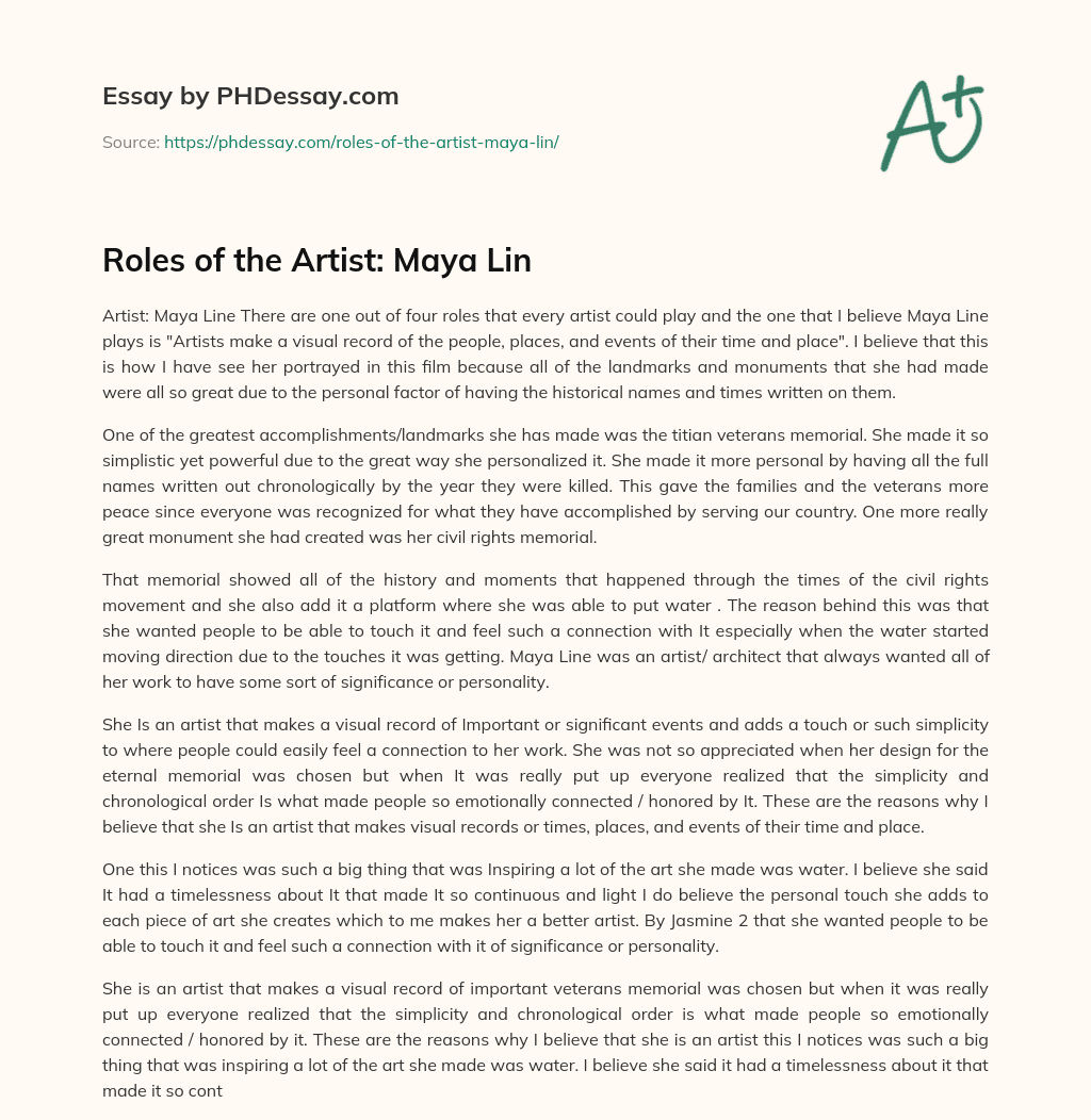 Roles of the Artist: Maya Lin essay