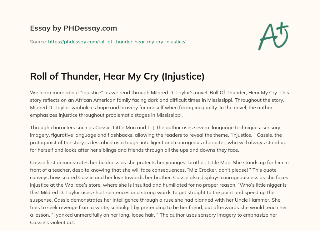 Roll of Thunder, Hear My Cry (Injustice) essay