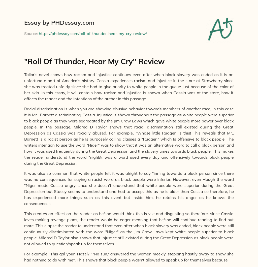 “Roll Of Thunder, Hear My Cry” Review essay