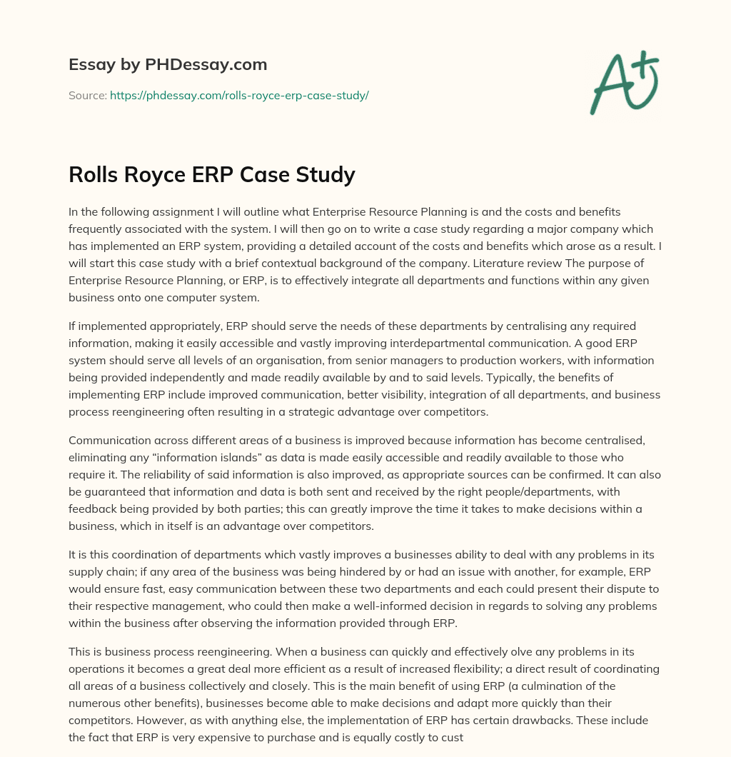 Rolls Royce ERP Case Study essay