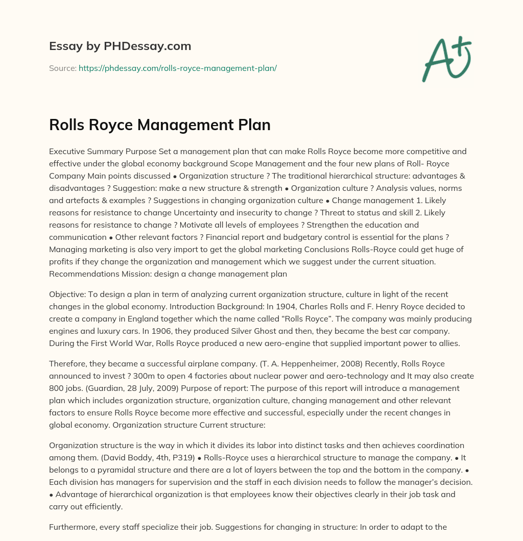 Rolls Royce Management Plan essay