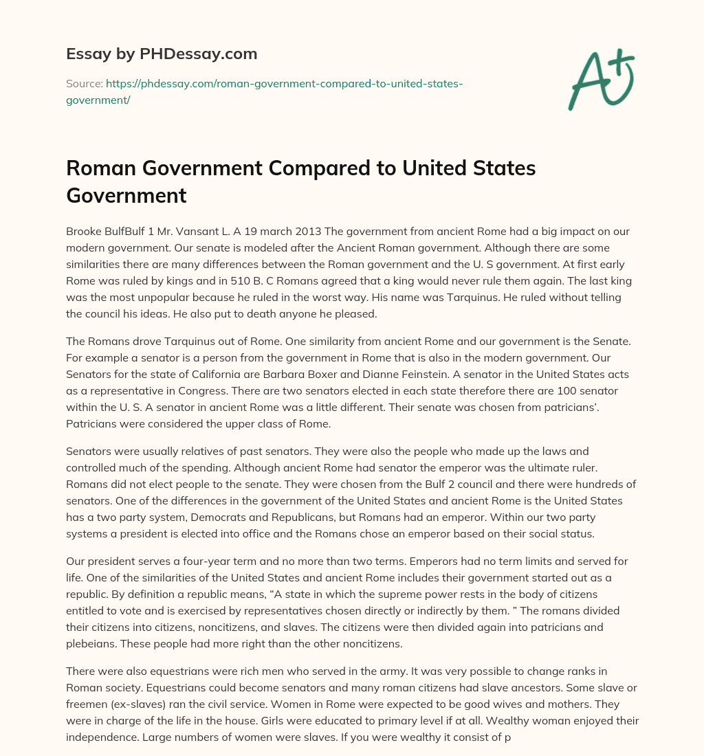 Roman Government Compared to United States Government essay