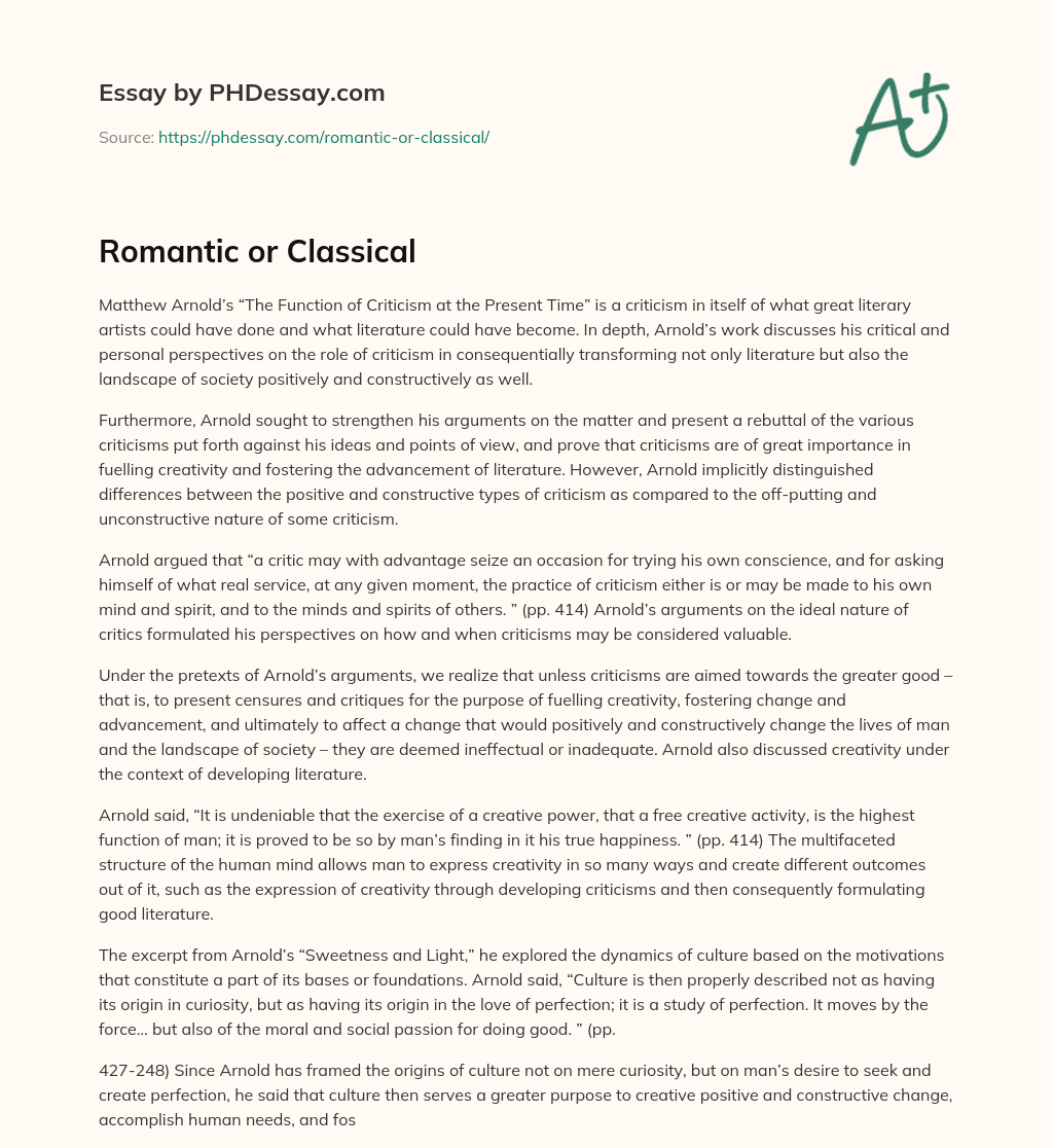 Romantic or Classical essay