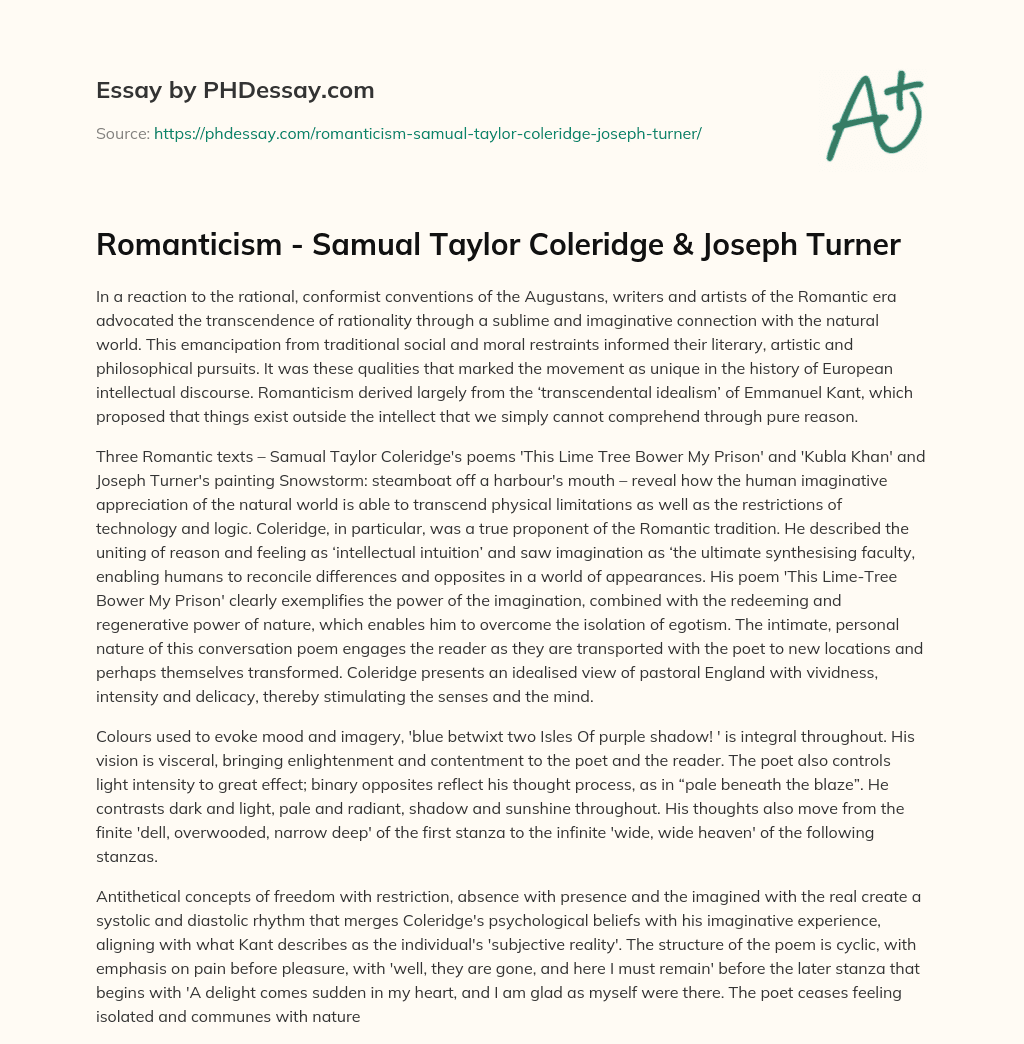 Romanticism – Samual Taylor Coleridge & Joseph Turner essay