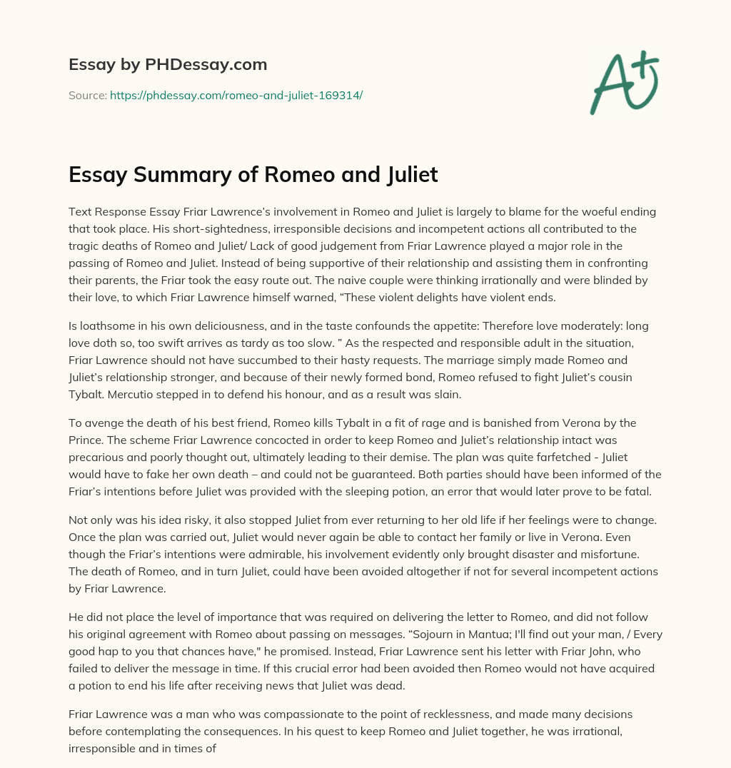 Essay Summary of Romeo and Juliet essay