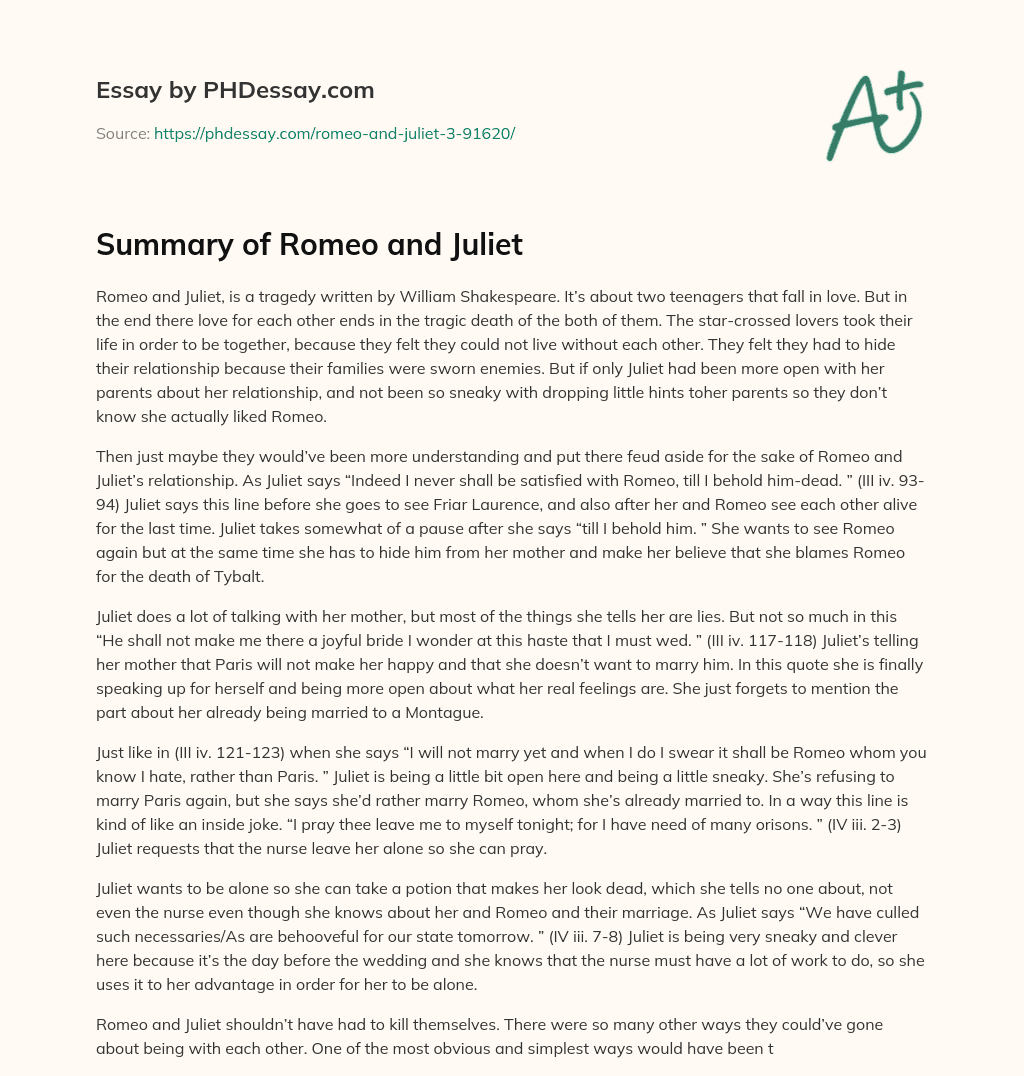 Summary of Romeo and Juliet essay