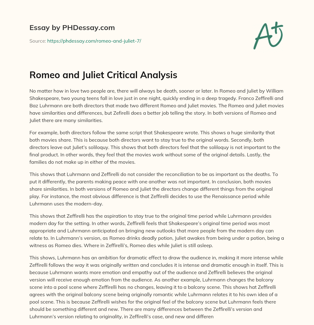 Romeo and Juliet Critical Analysis essay