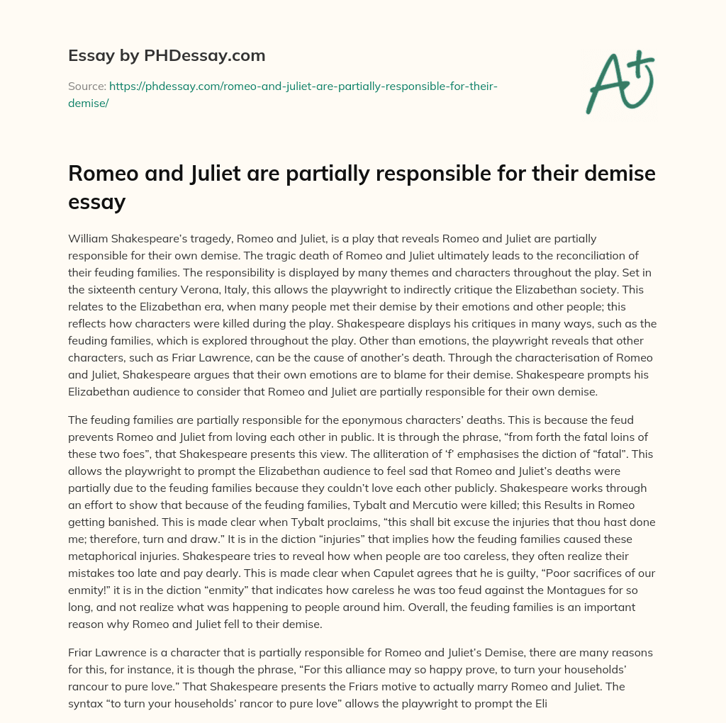 Romeo and Juliet are partially responsible for their demise essay essay
