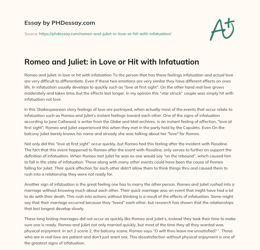 Romeo and Juliet: in Love or Hit with Infatuation essay