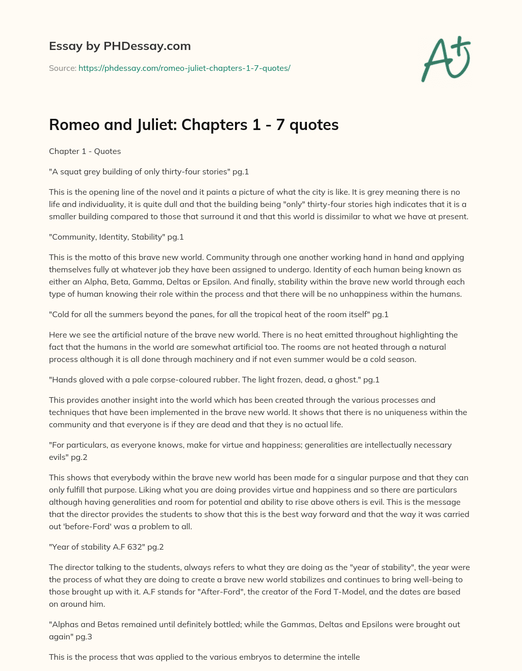 Romeo and Juliet: Chapters 1 – 7 quotes essay