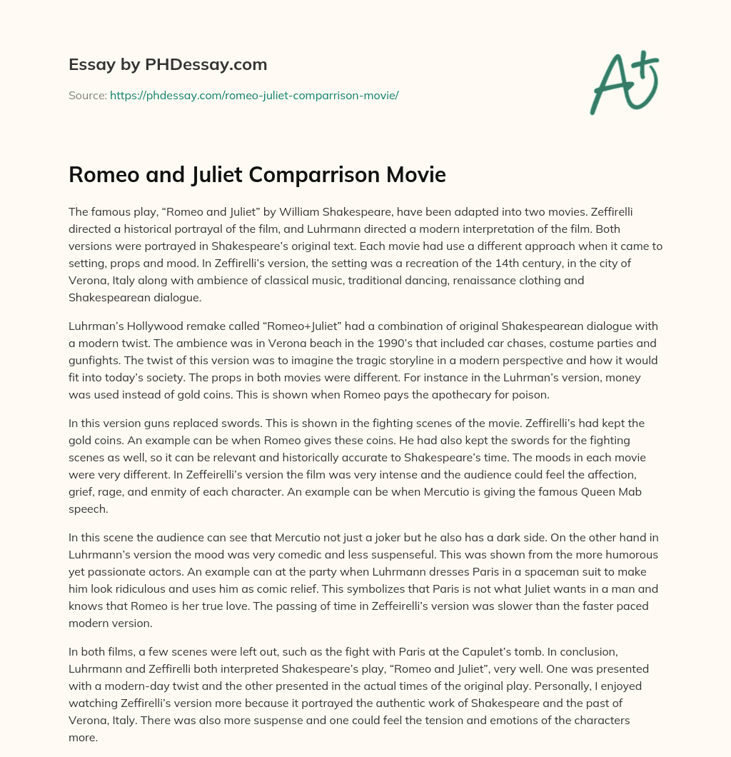 Romeo and Juliet Comparrison Movie essay