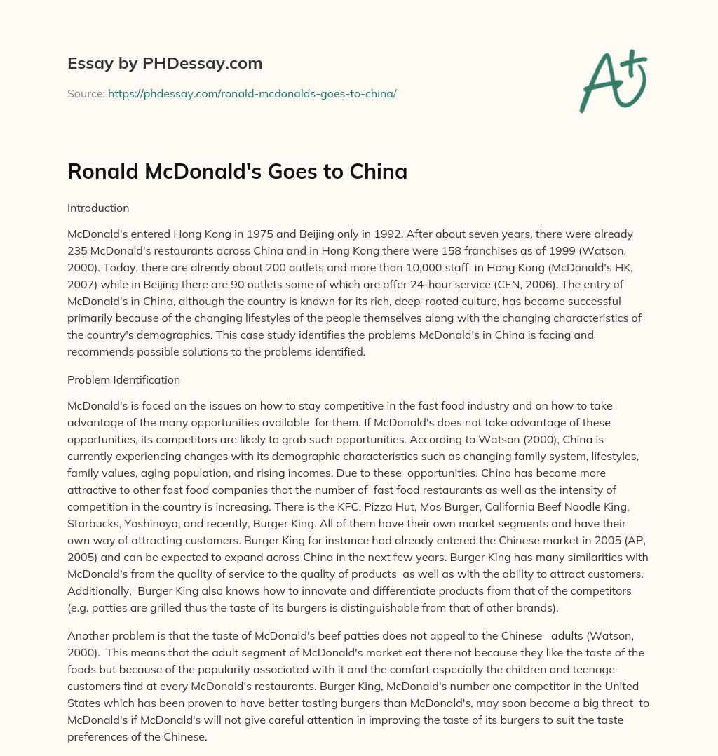 Ronald McDonald’s Goes to China essay