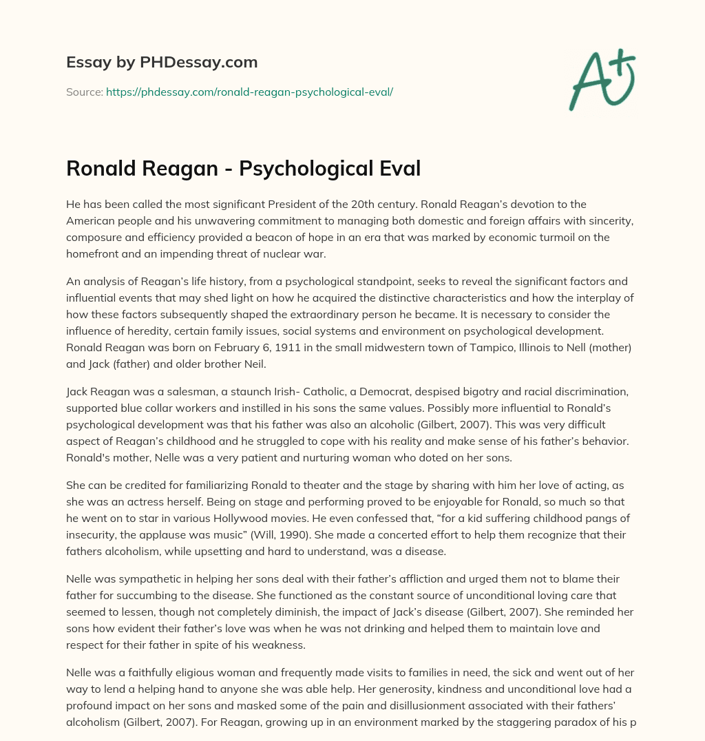 Ronald Reagan – Psychological Eval essay