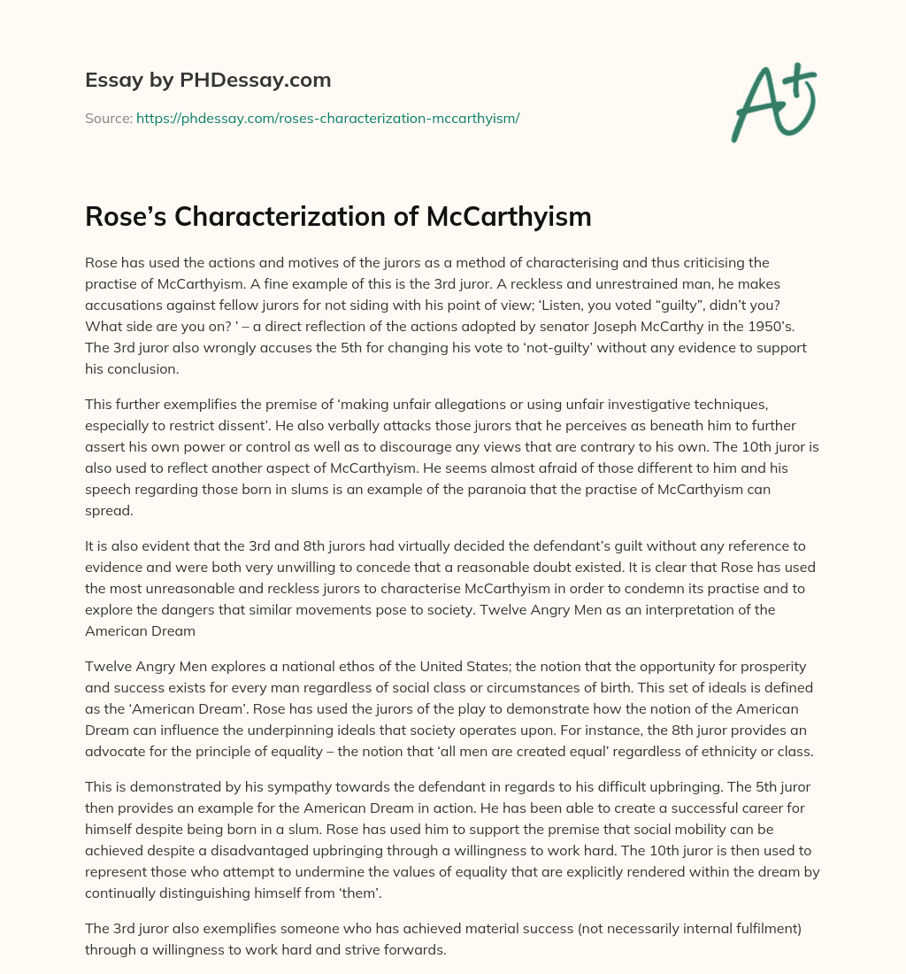 Rose’s Characterization of McCarthyism essay