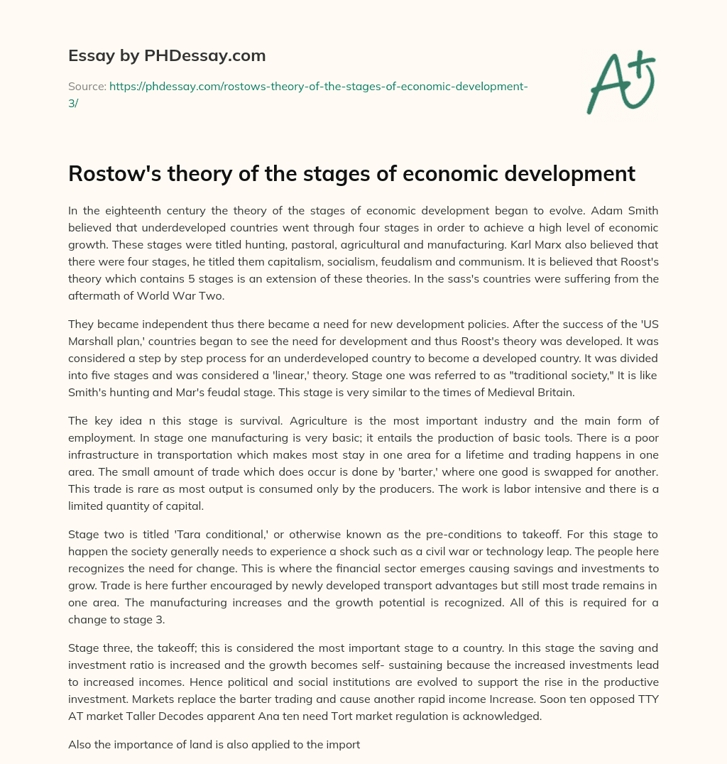 Rostow’s theory of the stages of economic development essay