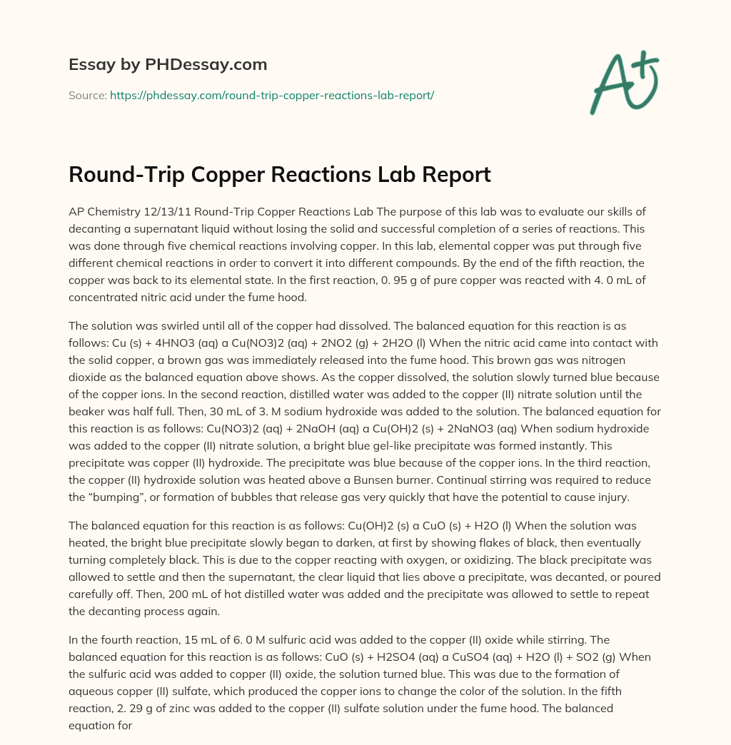 Round-Trip Copper Reactions Lab Report essay