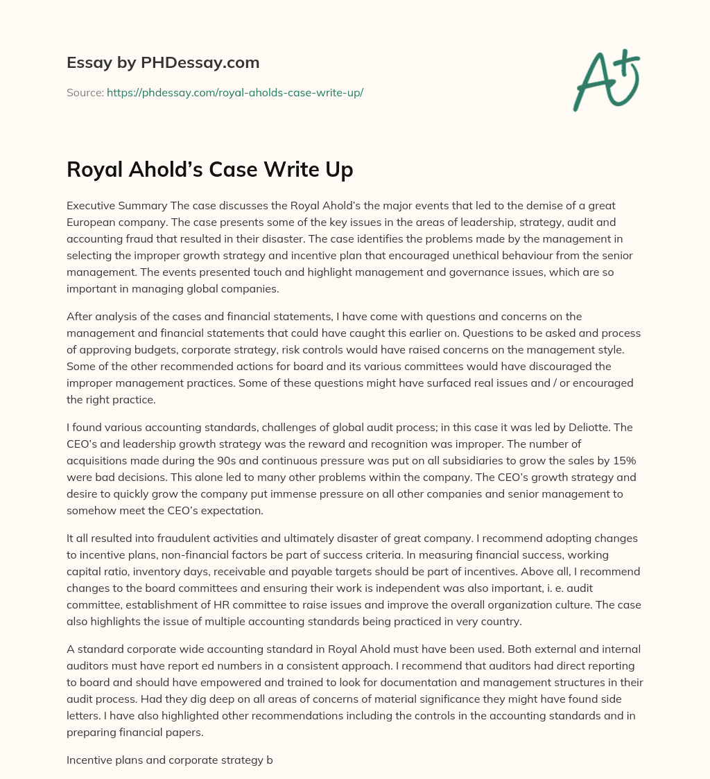 Royal Ahold’s Case Write Up essay