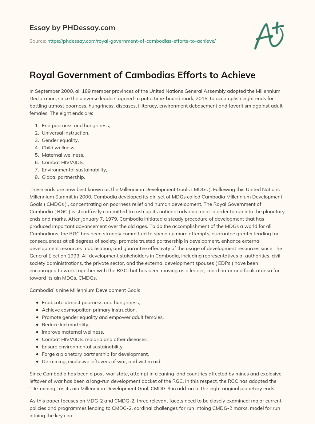 Royal Government of Cambodias Efforts to Achieve essay
