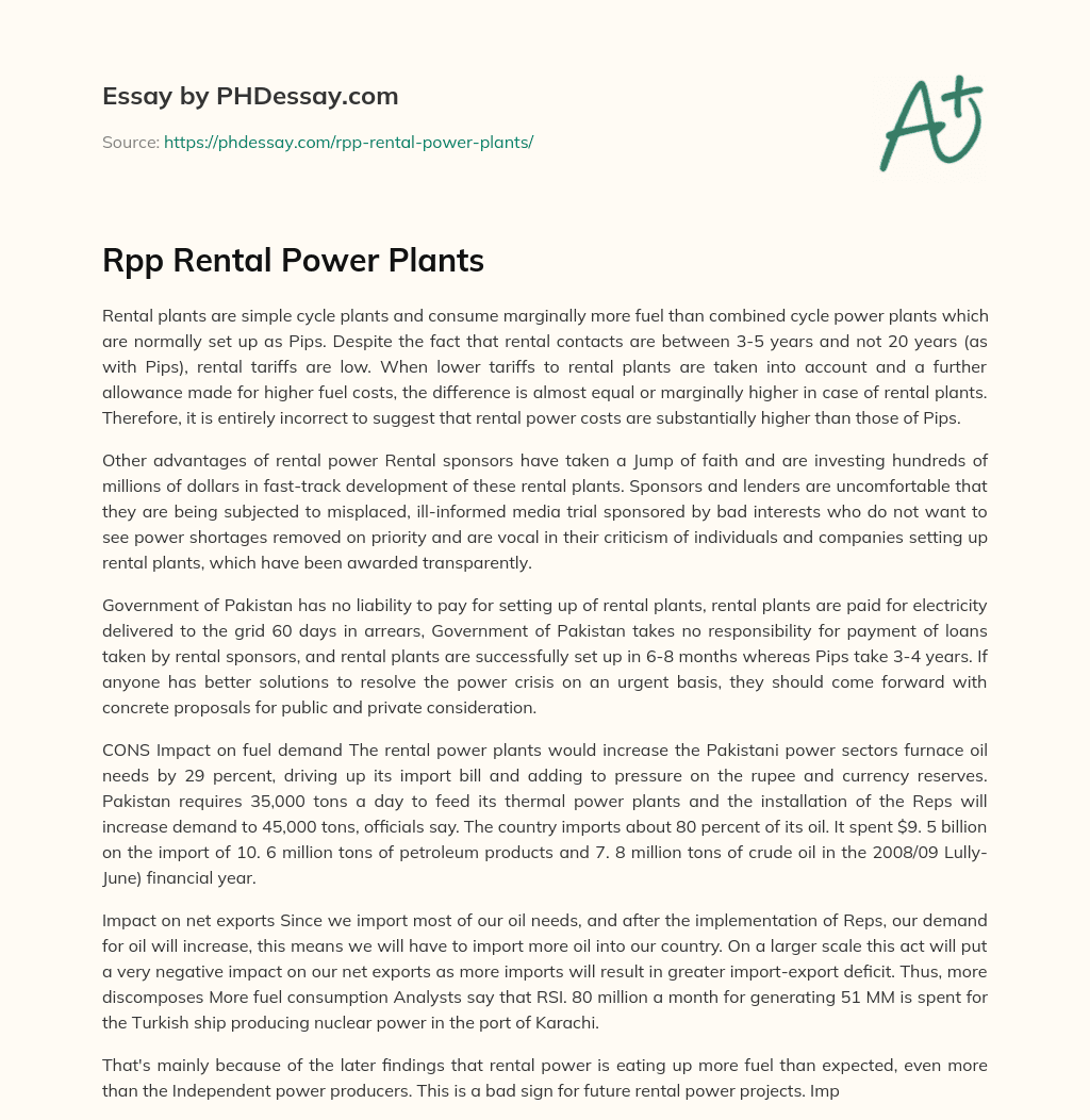 Rpp Rental Power Plants essay